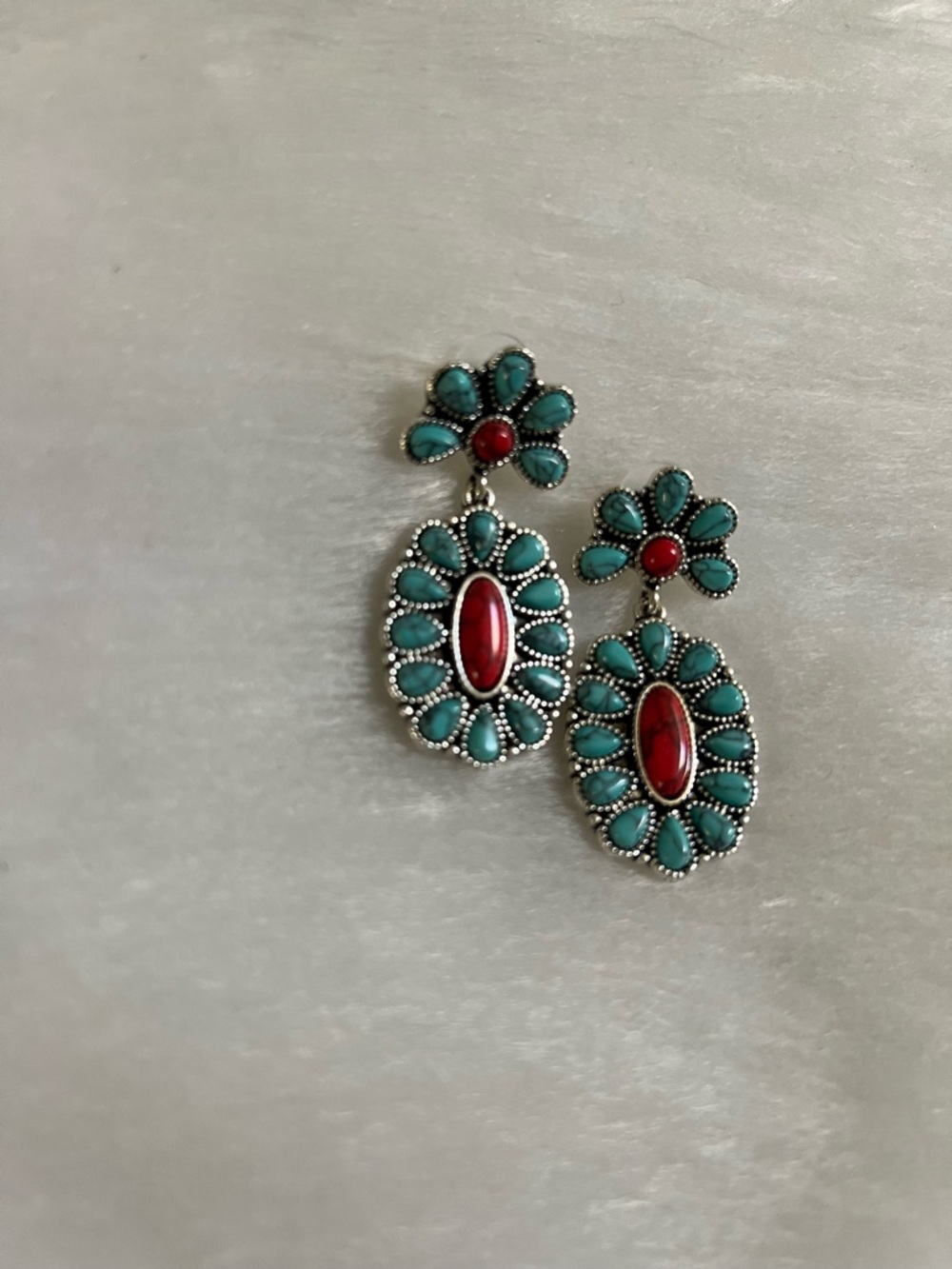 Turquoise and Red Floral Drop Earrings - Women's Jewelry - Picture 4 of 5